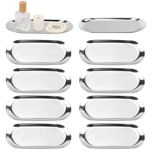 Yiksonyo 10 Pack 9 Inch Oval Stainless Steel Decorative Tray, Stainless Steel Tea Fruit Tray, 9 inch Silver Oval Trays for Bathroom Vanity, Jewelry, Perfume & Key Organizer (Silver)
