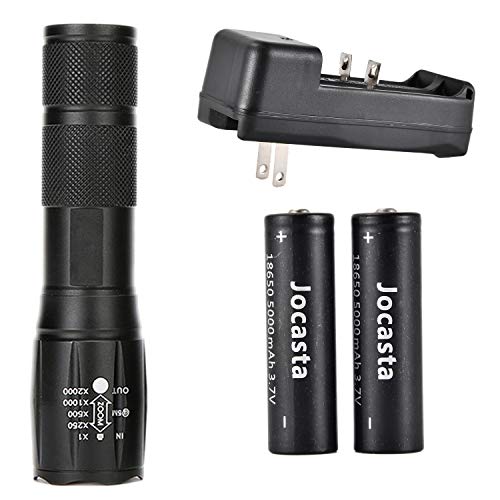 Jocasta 18650 Flashlight 6PCS 3.7V 5800m.A.h Lithium ion Rechargeable Battery with 2 Slot USB Smart Battery Charger,High 4000 Lumen Zoomable Flashlight for Camping Hiking