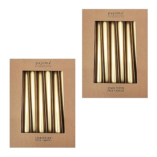 Stabkerzen 20er-Set | Metalic - Gold | Höhe 25 cm ø 2 2 cm | Brenndauer 7 Stunden - Premium Qualität | einfarbige Spitzenkerzen | pajoma
