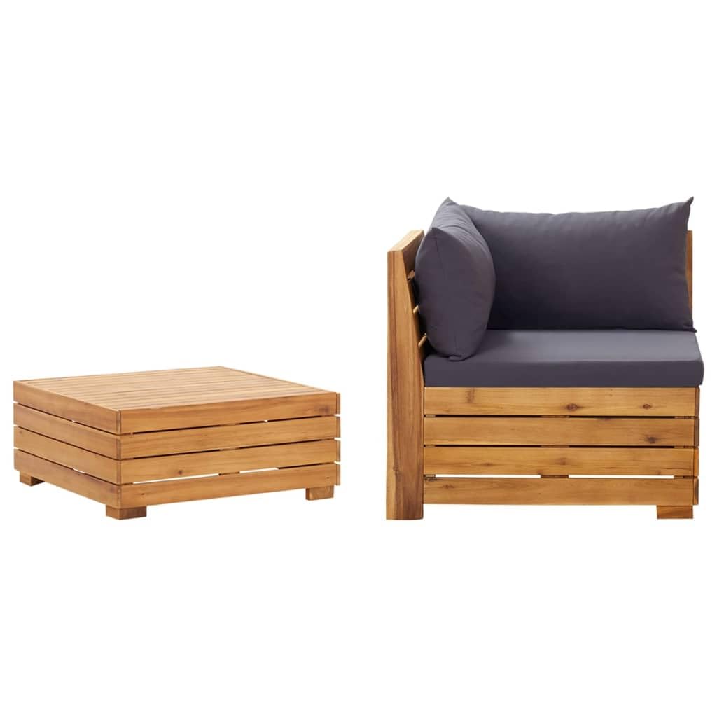 Salon de jardin 2 pièces en bois d'acacia avec canapé d'angle modulable et table basse gris foncé