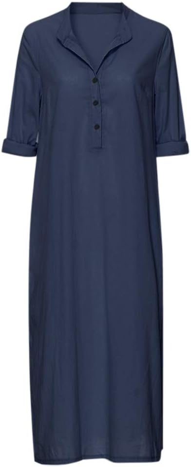Plain Maxi Long Dress Women's Kaftan Cotton Long Sleeve Casaul Oversized Dress