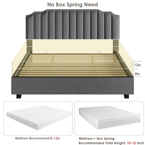 Queen Size Lift up Storage Bed Frame with Adjustable Carved Headboard,Queen Storage Space Platform Bed with Upholstered Wingback,Hydraulic System Smart Bed,No Box Spring Needed (Gray, Queen)