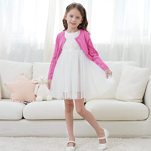Image of Girls' Crochet Knitted Cardigan Sweater Bolero Shrug Kids Long Sleeve Button Closure Cropped Knitwear Cover Up,Dark Rose,5 /6