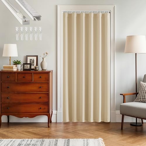 Image of RYB HOME Doorway Curtain with Straight Ceiling Track, Heavy Duty Blackout Privacy Door Divider for Closet /Hallway /French Door, Beige, W36 x L80, 1 Panel