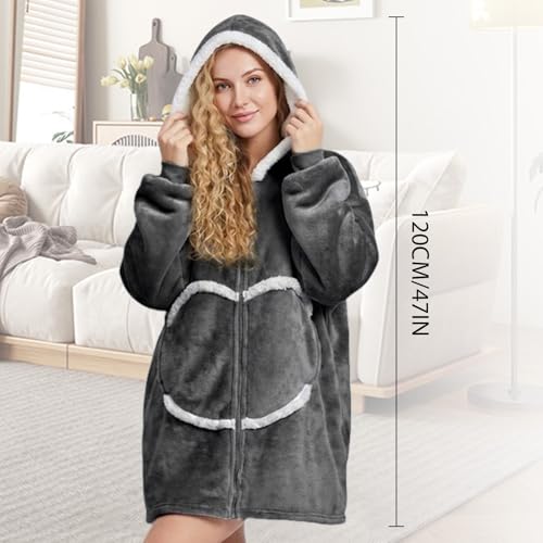 Image of Oversized Wearab Blanket Hoodie, Cozy Flannel Blanket with Sleeves and Zipper for Women, Mens, Teens