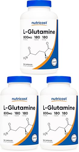 Image of Nutricost L-Glutamine 800mg, 180 Capsules - Gluten Free, Non-GMO (Pack of 3)