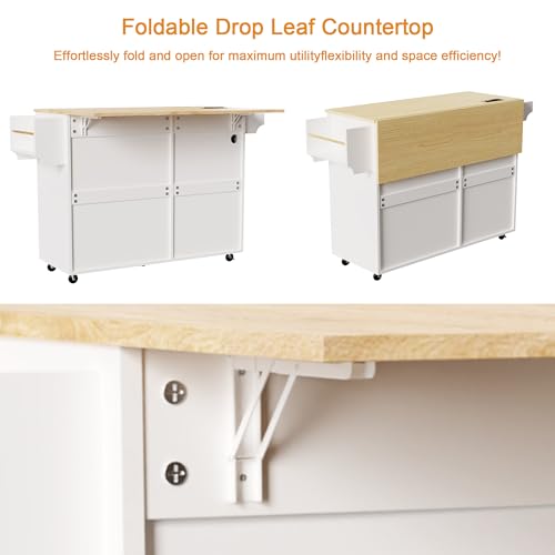 MEETFAV Modern Kitchen Island Cart with Power Outlet & Drop Leaf, Rolling Storage Island Table with Concealed Trash Bin Holder, Mobile Breakfast Bar with Drawer, Adjustable Shelf and Spice Rack - image 5