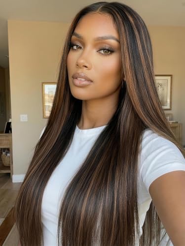 UNICE Golden Brown Highlight Yaki Straight Human Hair Wig 7x5 Glueless Lace Closure Wig with Drawstring, Pre-Plucked Pre-Cut Bleached Knots,No Slip Beginner Friendly 150% Density 16 inch