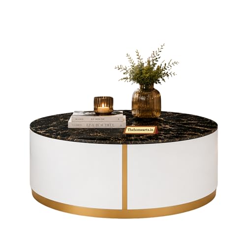 Image of Marble Top Royal Crest Round Center Table | Premium Marble Top Coffee Table for Living Room | Modern Luxury Design 36x36x17 Inch (White)