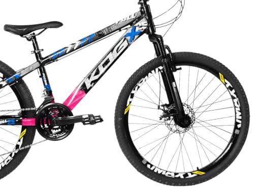 Bicicleta Aro 26 KOG 18v Disco Freeride Full X25 Tipo Viking,Preto com Rosa Azul