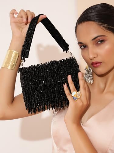 Image of THE TAN CLAN Rosa Black Flap Over Clutch Bag for Women | Elegant Evening Handbag, Purse, Perfect for Weddings, Parties & Special Occasions