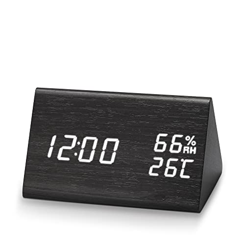 Réveil Numérique, Réveil LED en Bois, Horloge de Table avec Son Activé/Fonction Mémoire/Snooze/Date/Température et Humidité, Mode Snooze, pour Chambre/Salon/Chambre d'enfant (Noir) Cover