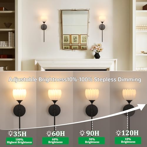 Image of Shenmoyl Battery Operated Wall Sconce Set of 2, White Tulip Vintage Wall Light Fixture Rechargeable 5000mAh Battery Powered Wall Lamp with Remote for Living Room Bathroom, Black