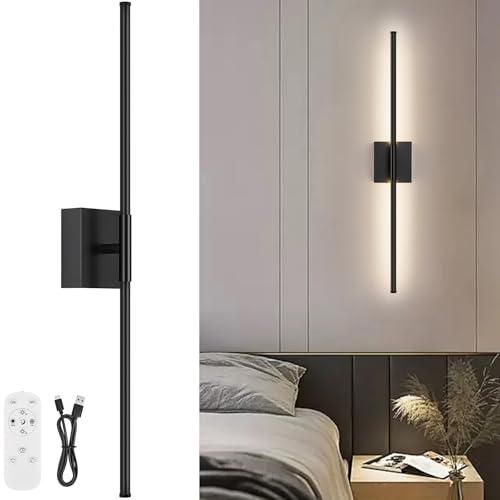 Image of Battery Operated Wall Sconce, 3000K-6000K Dimmable Black Wall Lights with Remote Control, Timable LED Wireless Wall Sconces, 350 Ratate for Bathroom, Living Room, Hallway 29.1 Inch 1 Pack
