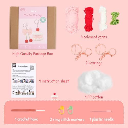 Image of HOUSE CREATIVITY Crochet Keychain Kit for Beginners - Make 2 Cute Cake & Bow Charms, Amigurumi Crochet Starter Kit with Video Tutorial, Yarn & Keyring, DIY Bag Charm Gift