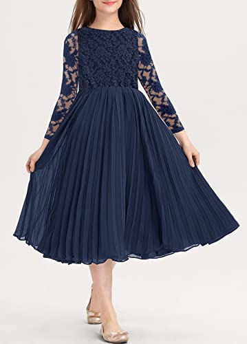 Hosika Autumn Girls Kids Lace 3/4 Sleeve Floral A-Line Pleated Casual Party Midi Dress Navy Blue 6-12 Years #TOP1