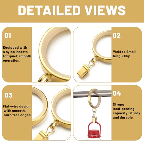 Novabright 24 Pack Luxury Curtain Rings 2 Inch Smooth Slide Curtain Rings 1-5/8 Inch Inside Diameter with Smooth, Quiet Nylon Inserts and Clips (Gold) by Novabright - Used condition - Image 3
