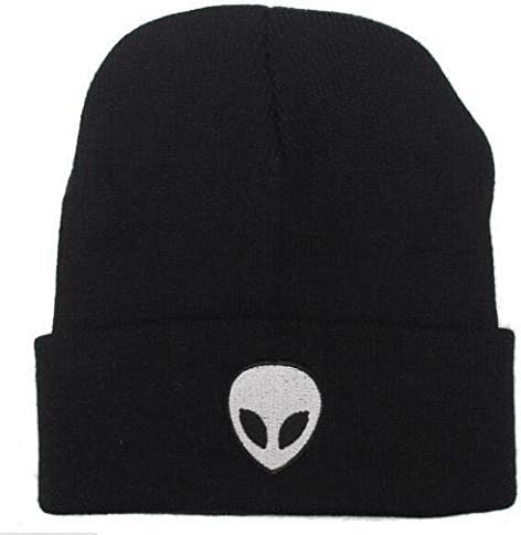 Men Alien Embroidered Hip Hop Knitting Hat Winter Cotton Warm Wool Cap Knitting Skull Hat for Women and Men Black