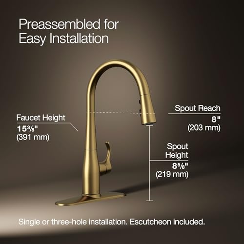 Image of Kohler 597-2MB Simplice Pull Down Kitchen Faucet, 3-Spray Faucet, Kitchen Sink Faucet with Pull Down Sprayer, Vibrant Brushed Moderne Brass