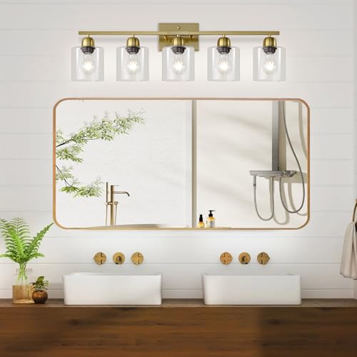 Image of Modern Brushed Gold 5 Light Bathroom Vanity Light,31 inch Vanity Lights for Bathroom with Clear Glass for Mirror Kitchen Living Room Hallway Cabinet Porch