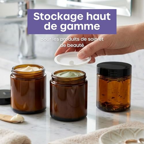 Pot Cosmétique - Petit Pot Verre pour Voyage (Pack de 12, 160ml) - Boîte cosmétique vide avec couvercle et cuillères en plastique - Contenant Vide Cosmetique en Verre & Protection UV – vue 5