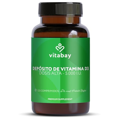 Vitabay Vitamina D Colecalciferol 120 Comprimidos Veganos de Vitamina D3 5000 UI - Vitamina D3 de Alta Dosificación a base de Lichens Probados - Tomar 1 Comprimido cada 5 Días