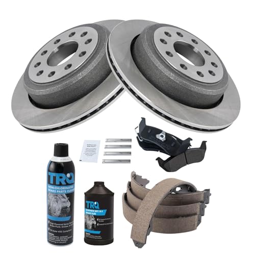 Image of TRQ Rear Brake Pad & Rotor Kit, with Chemical Kit Parking Brake Shoe Set Semi-Metallic Compatible with 2003-2004 Lincoln Town Car