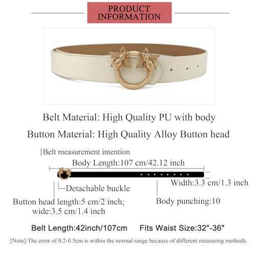Women's Casual Waist Belt Butterfly Bee Insect Buckle Belts Width 1.3inch Fashion Waist Belts for Jeans Dress (Bee Buckle, White)2