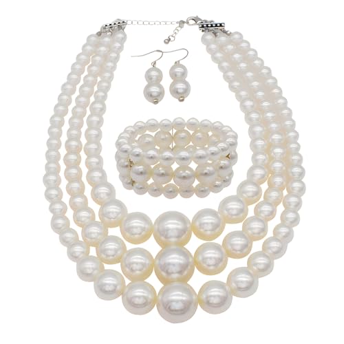 utop Large Multi Strand Chunky Pearls Necklace and Earring Set - Costume Jewelry for Women