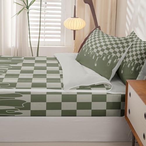 Image of Beige Sage Green Checkered Soft Zipper Bedding Set Twin,Skin-Friendly Checkerboard Drip Quilted Comforter with Fitted Sheet & Pillowcases,Grunge Aesthetic Geometric Lightweight All Season Bed in a Bag