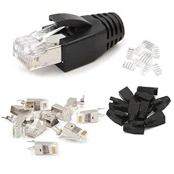 VCELINK Shielded Cat7/Cat6A RJ45 Connectors with Black Protection Boots,10-Pack Ethernet Crimp Modular Plug Contains Load Bar