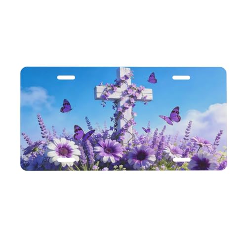 RISOIU Floral Cross Purple Wildflower Butterflies Front License Plate Aluminum Decorative License Plates Funny Metal Car Plate Novelty Vanity Tag Cover 6"X12" Car Accessory with 4 Holes for Men Women