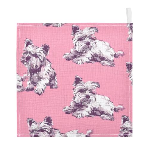 Image of Dog Pattern Pink Baby Washcloths - 5 Pack Muslin Cotton Face Towels for Baby Newborn Girls and Boys - Soft and Absorbent - 11.8 Inch