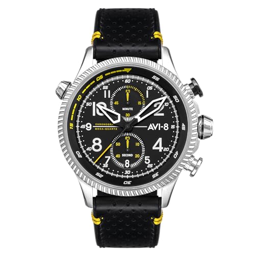 AVI-8 Herren 43mm Hawker Hunter Duke Chronograph Halton Japanische Meca-Quarz Fliegeruhr mit Lederarmband AV-4080-01