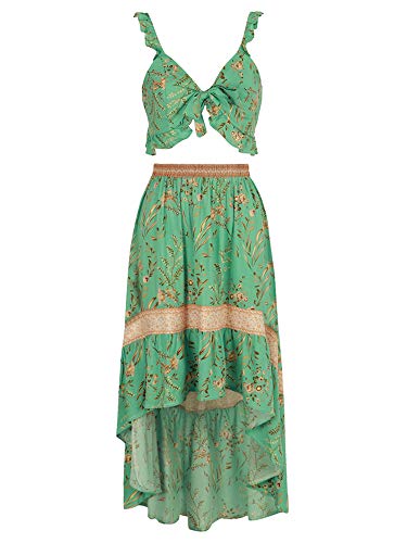 Andoer Conjunto feminino de duas peças com saia superior corte floral estampa floral com decote em V