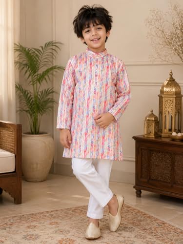 Image of superminis Boys Cotton Golden Embroidery Printed Full Sleeves Kurta with Pyjama Ethnic Wear Set