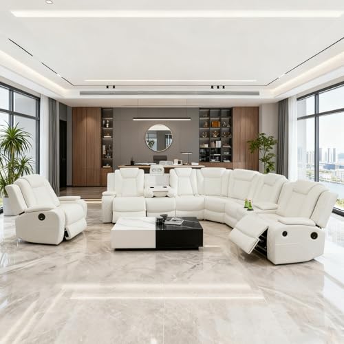 Image of Power Reclining Sectional Sofa for Living Room Furniture Sets - White Leather Sectional Recliner Sofa, LED Lights, Storage Console & Cup Holders, Modern Power Recliner Couch