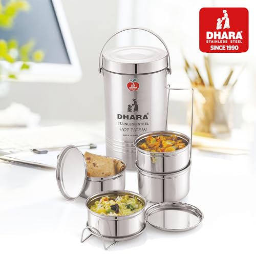 Image of Dhara Stainless Steel Insulated Tiffin Carrier 4 Container Lunch Box 1300ml, Leak Proof Steel Compartment Tiffin with Handle for Office & Travel