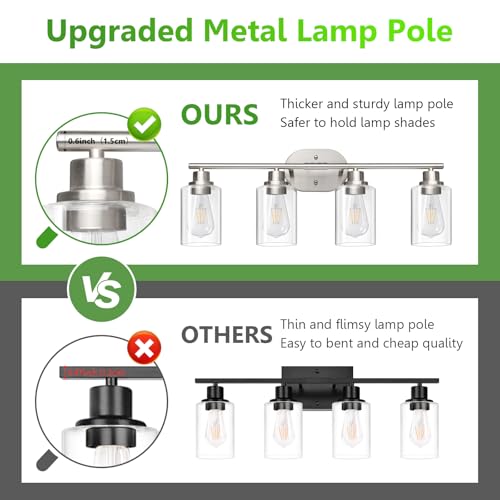 Image of Ascher 4-Light Bathroom Light Fixtures, Modern Vanity Lights with Clear Glass Shade, Brushed Nickel Wall Lamp for Bathroom Mirror Hallway Cabinet Porch