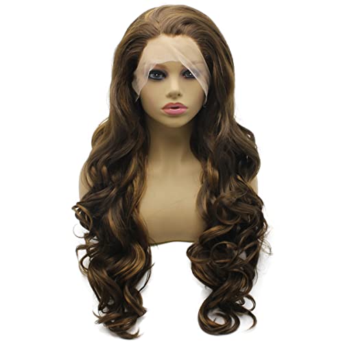 iwonawig Iewig Long Wavy Highlight Brown Natural Lace Front Wig Synthetic