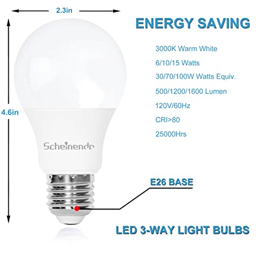 Scheinenda 3 Way Light Bulbs 4 Pack, 𝟑 𝐖𝐚𝐲 𝐋𝐄𝐃 𝐋𝐢𝐠𝐡𝐭 𝐁𝐮𝐥𝐛𝐬 30 70 100W Equivalent, Standard A19 Led Bulbs E26 Medium Base thumb #1