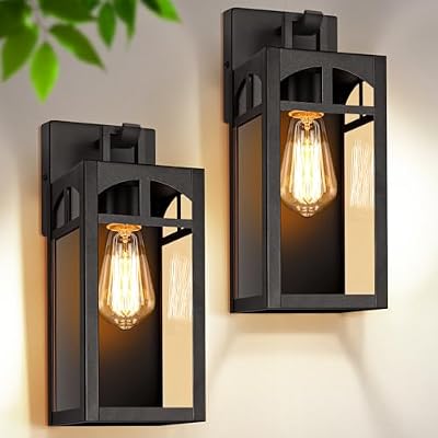 Outdoor Wall Lanterns, Exterior Waterproof Matte Black Wall Light Fixtures, Sconces Lighting with Clear Glass Shade, Anti-Rust E26 Socket Lights for Porch Entryway Patio, 2 Pack