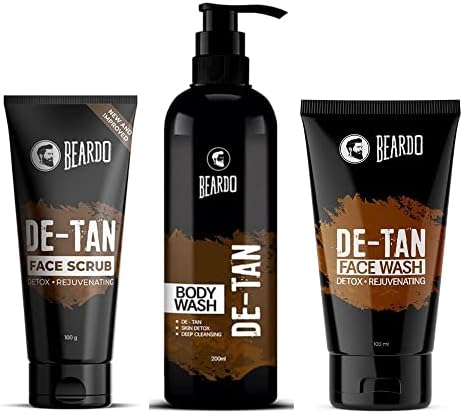 Beardo De-Tan Kit ( De-Tan Face Wash 100 ml, Face Scrub 100 gm & Body Wash 200 ml ) With Coffee & Aloe Extracts | For Blackhead, Tan and Dead Cell Removal | Natural Glow | Rejuvenates Skin