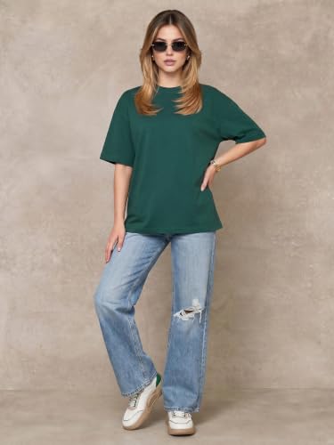 Image of JUNEBERRY Pure Cotton Oversized Baggy Fit Half Sleeve Drop Shoulder Plain Solid Round Neck T-Shirt for Women (Available in Black, White, Lilac, Cork, Maroon, Royal Blue, Swan White, Soap Nut Colors)