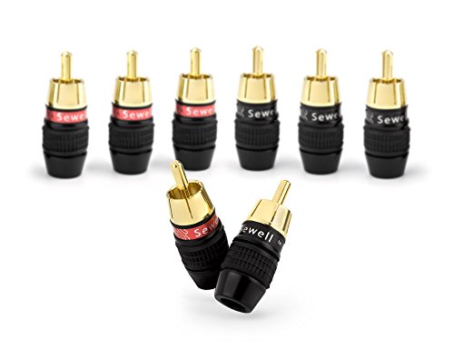 Sewell Deadbolt RCA Plugs, 4 Pairs, Fast-Lock Technology, 24k Gold Plated Speaker Plugs, Premium Solderless SW-32888-4