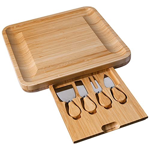 Buy 2 get 3 NUOLAN Bamboo Cheese Board and Knife Set Cheese Plate for Wine, Crackers, Brie and Meat Perfect Charcuterie Platter Serving Tray for Entertaining or Gift Giving(CP-001)