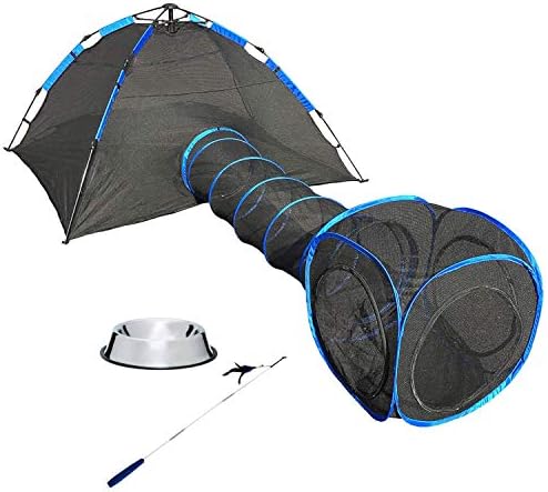 Pet Fit For Life Outdoor Cat Enclosure for Indoor Cats - Cat Tent, Tunnel, Cube Combo with Bonus Feather Teaser Toy and Stainless Steel Water Bowl for Cats, Kittens, Small Dogs and Small Animals