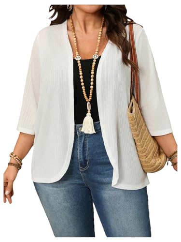 WDIRARA Women's Plus Size Cardigan Jacket 3/4 Sleeve Open Front Lightweight Outerwear