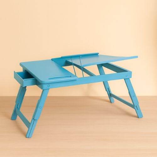 Image of Wooden Laptop Table Standard Adjustable Study Table with Laptop, Portable Lap Desk, Multifunctional Bed Table with Drawer and Folding Legs (Sky Blue)
