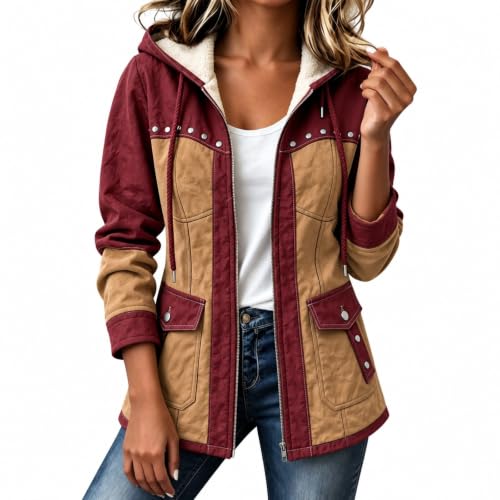 Womens Fall Jackets Long Hooded Patchwork Zip Up Jacket Cozy Outerwear - image 1